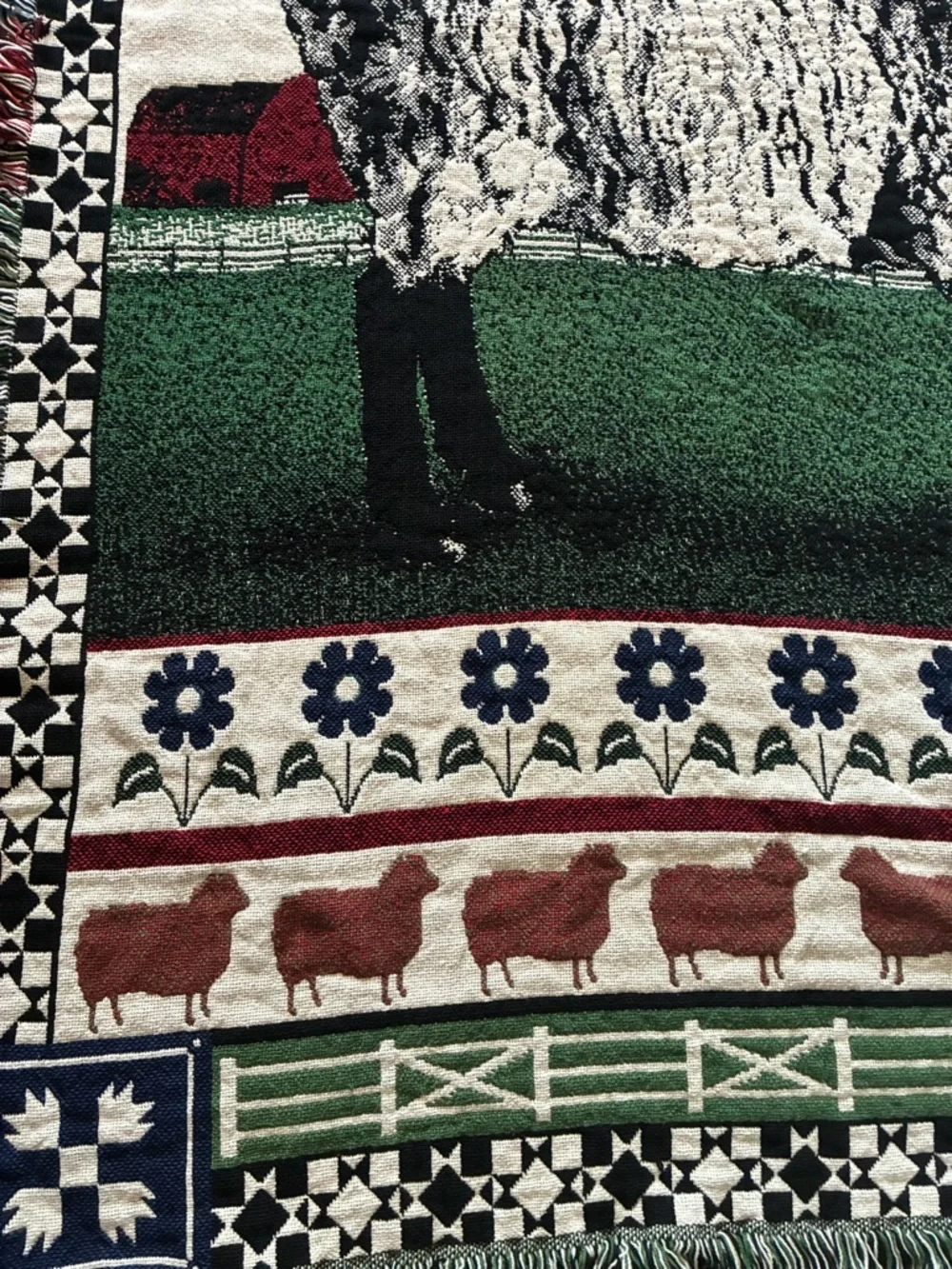 Vintage Woven Sheep Farm Tapestry Throw Blanket Fringe Rustic Cottagecore 45x67